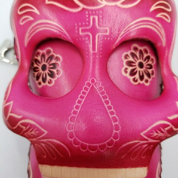 Sugar Skull Leather Wristlet Wallet Hot Pink Day of the Dead Coin Purse Keychain - Picture 12 of 15